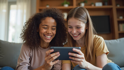 Two young girls friends watch a video on a smartphone and laugh and have fun. Social networks, views, media content background
