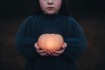 Little girl in a dark dress embraces a glowing pumpkin in autumn warmth