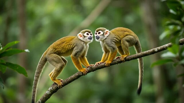 Two Squirrel Monkeys Interacting on Tree Branch in Lush Forest