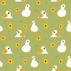 Seamless pattern with white ducks and sunflowers on green background. Cute and bright surface design for kids' textiles, wrapping paper, or nursery decor.