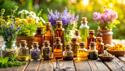 Assortment of Essential Oils and Herbs for Wellness