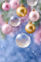 Christmas glass ornaments with gold glitter and snow falling over pastel background, holiday decoration concept