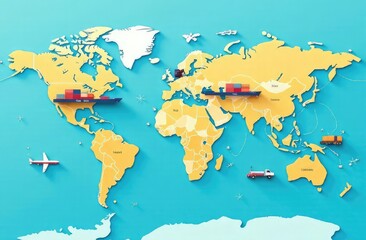 Vector illustration of cargo ships, freight airplanes, and delivery trucks moving across a stylized world map, representing global logistics, international shipping, and worldwide trade routes, poster
