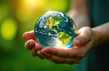 Human hands holding glass planet earth against lush green forest background. International Earth Day, World Environment Day, World Earth Day, Save the Earth concept, banner, articles, covers, business