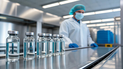 Sterile Laboratory with Vials of Clear Liquid on Conveyor Belt and Scientist in Protective Gear.