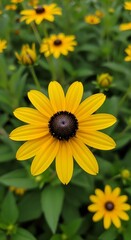 Obraz premium Bright yellow daisy with dark center surrounded by green foliage black petals