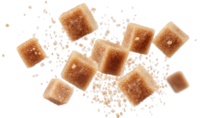 flying brown sugar cubes isolated on transparent background cutout