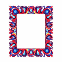 Ornate frame with swirling red blue and yellow patterns surrounding a blank white rectangular space