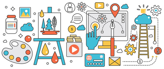 Process of creating personal portfolio. Employment for creative designer, workflow with artist supplies and support in art projects, development in infographic concept banner, thin line art design