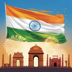 Triumphant Night at India Gate with Flag and Fireworks
