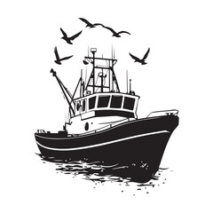 Obraz premium Commercial Fishing Boat Silhouette, Fishing Boat and bird Silhouettes, black and white illustration isolated on white background