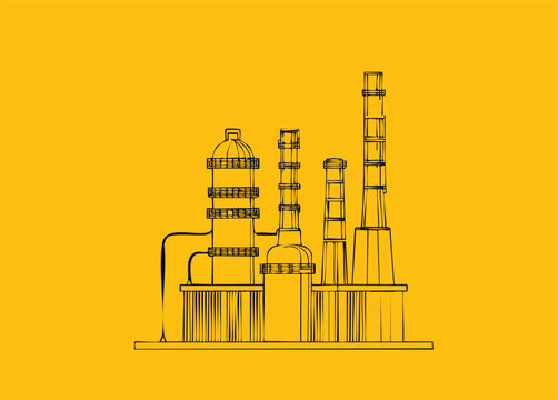 Black vector line art illustration of factory with pipes; chimneys and industrial objects; buildings on yellow background.	