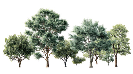  Set of Carya Ovalis Trees - Group of shellbark hickory trees with lush green foliage on transparent background