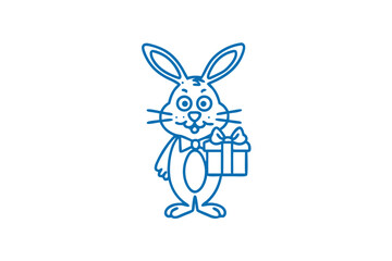 Blue bunny outline holds a gift wearing bow tie with smiling face stands