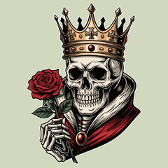 Skull King with Crown and Red Rose - Vintage Gothic Illustration