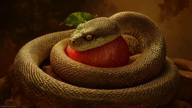 A symbolic apple entwined by a serpent in a lush paradise garden represents the timeless concept of temptation, desire, and the fall of innocence, evoking themes of choice, sin, and human nature
