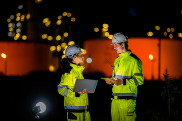 Two engineers collaborate on a night shift using a laptop and tablet at a plant A concept for the...