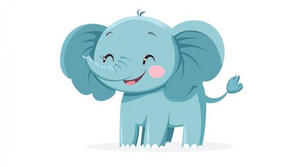 Fototapeta premium Happy cartoon elephant stands with a smile, pink cheeks, light blue skin on white backdrop
