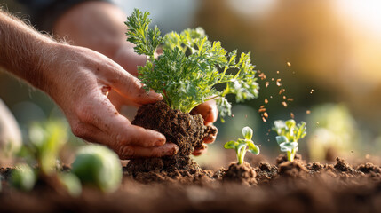 Hands Planting Fresh Seedling in Rich Soil at Sunrise