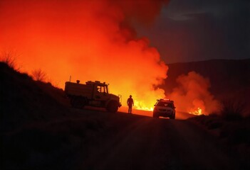 Fototapeta premium Two caucasian firefighters around 35 years old with yellow uniform in a forest with a big fire