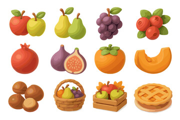 Assorted colorful fruits and baskets displayed on warm background