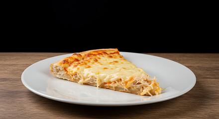 A slice of frango com catupiry pizza with shredded chicken and creamy Catupiry cheese, presented on a white ceramic plate. Set over a rustic wood table under soft studio lighting