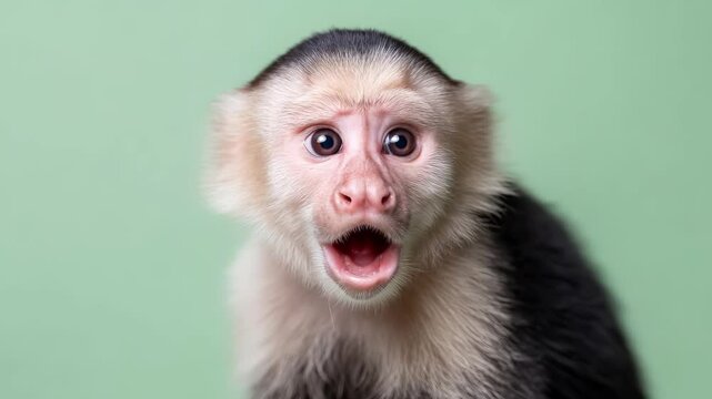 Capuchin monkey with wide-open mouth and expressive eyes, showcasing surprise and curiosity against a soft green background, capturing the essence of animal emotions and reactions