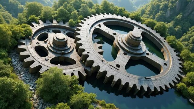 Mechanical Harmony in Nature: A striking juxtaposition of colossal gears and lush green foliage, representing the fusion of technology and the environment.