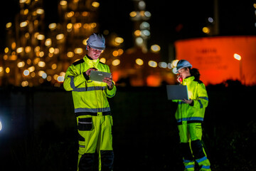 Two engineers collaborate on a night shift using a laptop and tablet at a plant A concept for the...