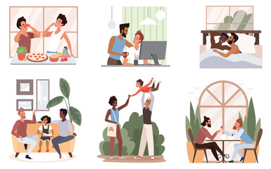 Lgbt couple people lifestyle set vector illustration. Cartoon homosexual gay family have fun time together, boyfriends eating on date or cooking food, walking with adopted child isolated on white