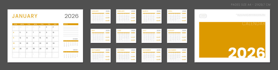 2026 Calendar Planner Set of Template Monthly Page with Note and cover with Place for Photo, Company Logo. Vector grid layout of wall or desk organizer with week start Sunday for print. Pages size A4