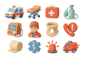 Emergency services icons collection: ambulance, medical staff, equipment