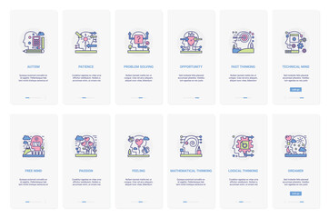 Set of colorful line icons representing mind process concepts like problem solving, logical thinking, creativity, and emotions for psychology, education, or business topics vector illustration