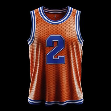 An orange basketball jersey with blue and white accents isolated on black