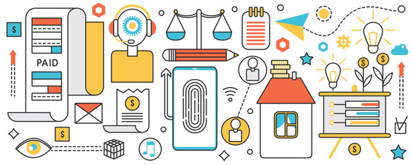 Smart home technology. Internet tech system with automated control and support house, security applications, virtual access with fingerprint in infographic concept banner, thin line art design