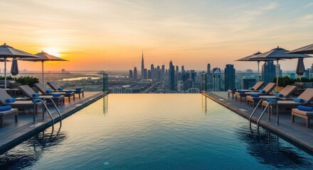 Naklejka premium Rooftop infinity pool overlooking Dubai's stunning sunset cityscape.