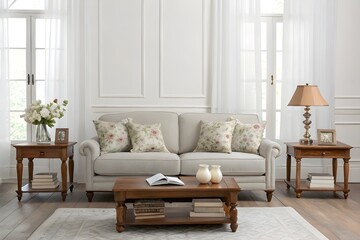 Fototapeta premium White living room interior with sofa, throw pillows, decorated coffee table, flowers in vase and curtains on the sides. Traditional home design. Empty wall mockup. 3d rendering