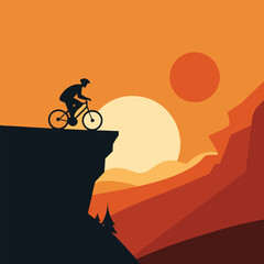 Cyclist on orange hill with dramatic sunset sky in silhouette vector scene