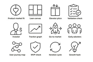 Fototapeta premium Startup strategy icons: growth, marketing, investor, graph, innovation steps