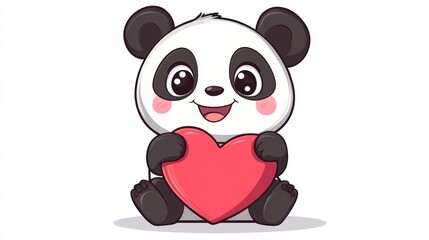 Naklejka premium Cute cartoon panda sitting and holding a pink heart, white background