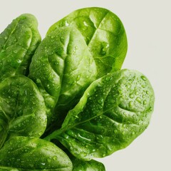 Obraz premium Fresh green spinach leaves covered with tiny water droplets, showcasing their vibrant color and texture.