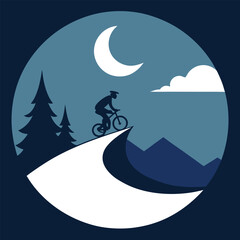 Cycling on snowy hill at night in flat minimalist winter landscape view