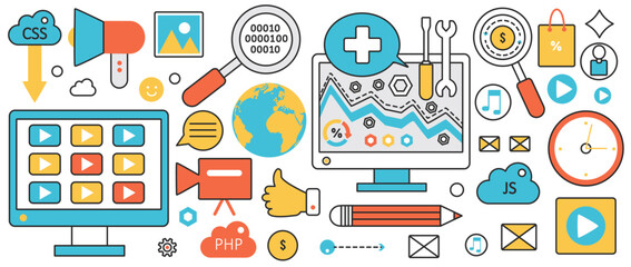 Fototapeta premium Mobile web site development. Process with digital marketing tools, programming language, responsive user interface, global search and consulting in infographic concept banner, thin line art design