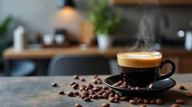 Aromatic Coffee Cup: A captivating shot of a steaming coffee cup and scattered coffee beans on a textured surface, creating a warm, inviting atmosphere, ready to kickstart your day.