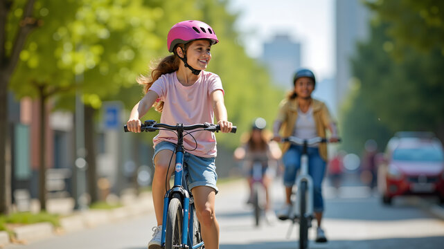 A young girl student rides with friends around the summer city on a bicycle or scooter. Active leisure, environmentally friendly urban transport
- Powered by Adobe