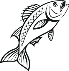 A striking black and white line art illustration of a fish leaping gracefully.