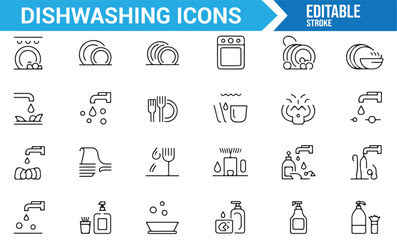 A collection of dishwashing icons, depicting various cleaning tools, detergent bottles, and dishwashing activities in a minimalist line art style.