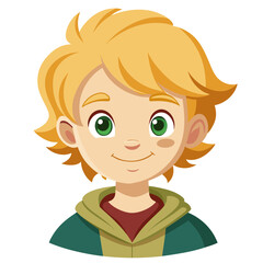 Obraz premium happy blond boy, smiling boy, very happy child, cheerful boy, light skin boy, boy portrait, blond hair child, European boy, cartoon boy, boy face, child character, white background, flat design, boy a