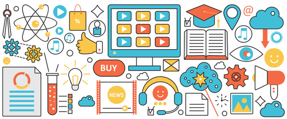 Video online technology. Internet course training or virtual web seminar for students, digital tutorials and news channel, music and vlog podcast in infographic concept banner, thin line art design