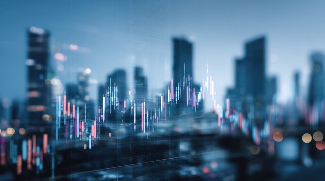 The financial growth chart overlaying a modern city skyline at night.